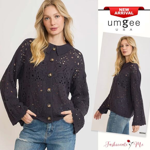 Umgee Crochet Button Down Long Sleeves Oversized Casual Knit Cardigan | Midnight - Picture 1 of 6